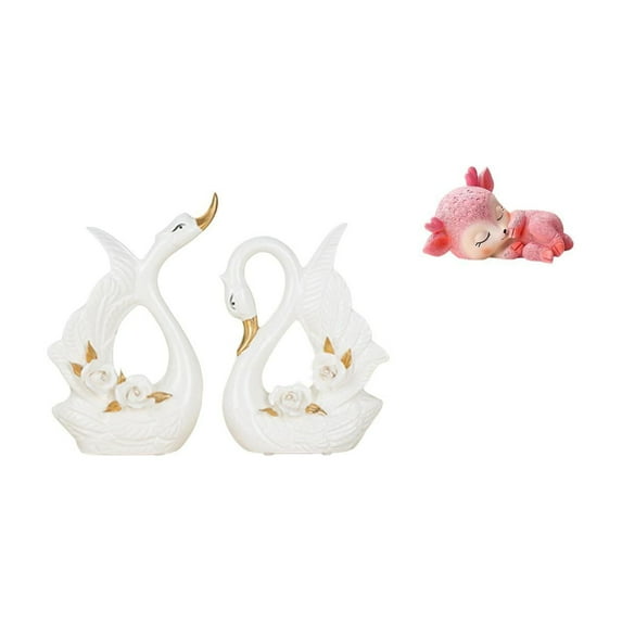 CarpNettore Elegant Ceramic Swan And Resin Deer Figurine Set Smooth Animal Sculpture Desktop Ornament for Bookshelf Cabinet Tabletop Decoration Household Kitchen