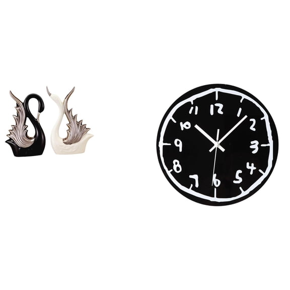 CarpNettore Elegant Ceramic Swan Sculpture and Modern Acrylic Wall Clock Set for Home Office Kitchen Shelf Anniversary and Fireplace Decoration