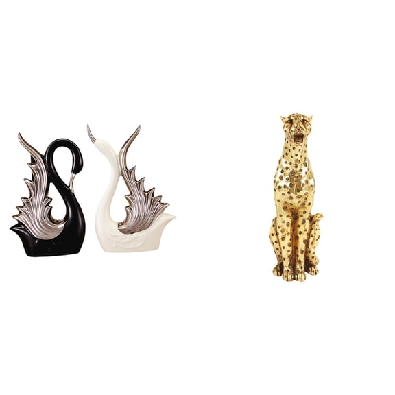 CarpNettore Elegant Swan and Cheetah Ceramic Sculpture Set Unique Animal Figurines for Home Office Decor Anniversary Shelf and Tabletop Ornament Collection
