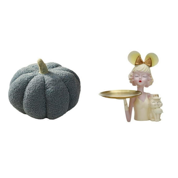 CarpNettore Enchanting Pumpkin Plush and Whimsical Girl Statue Decorative Cushion with Key Storage Tray for Modern Bedroom and Living Room Decor