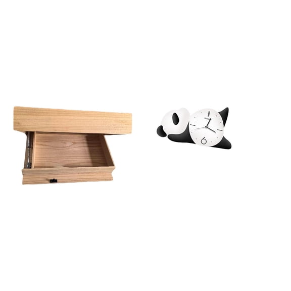 CarpNettore Floating Shelf Wall Mounted Drawer with Compartment and Panda Shape Wall Clock Easy Installation Practical Sturdy Modern Cute Home Decor Storage Rack for Dorm Room Apartment Office