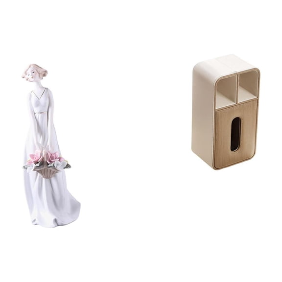 CarpNettore Girl Figurine Desktop Ornament Resin Statue Tissue Box PU Leather Cover Decorative Piece Creative Design Suitable for Bedroom Living Room Office Car