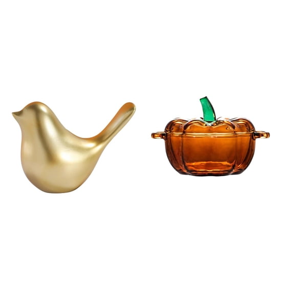 CarpNettore Golden Birds Figurine Glass Candy Dish Pumpkin Shaped Animal Statue Modern Home Decor Ornament Bird Sculpture for Desktop Office Mantel Living Room Housewarming Gifts Cookie Jar
