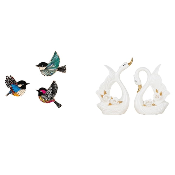 CarpNettore Graceful Wooden Bird and Swan Wall Art Set Elegant Ceramic Animal Sculpture Ornaments for Garden Study Room Farmhouse Bookshelf Cabinet Decor