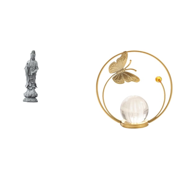 CarpNettore Guan Yin Crystal Ball Metal Sculpture Feng Shui Ornament Chinese Female Buddha Figurine Desk Cabinet Stand Indoor Artwork Bedroom Living Room Office