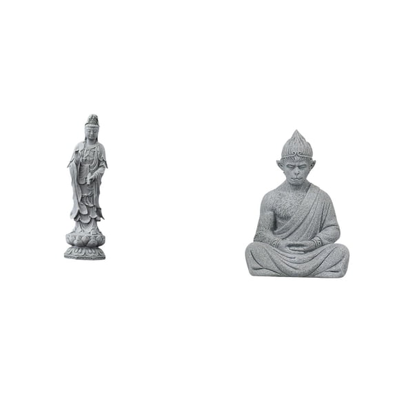 CarpNettore Guan Yin Monkey Buddha Stone Sculpture Feng Shui Ornament Chinese Female Kuanyin Figurine Sun Wukong Miniature Collectible Artwork