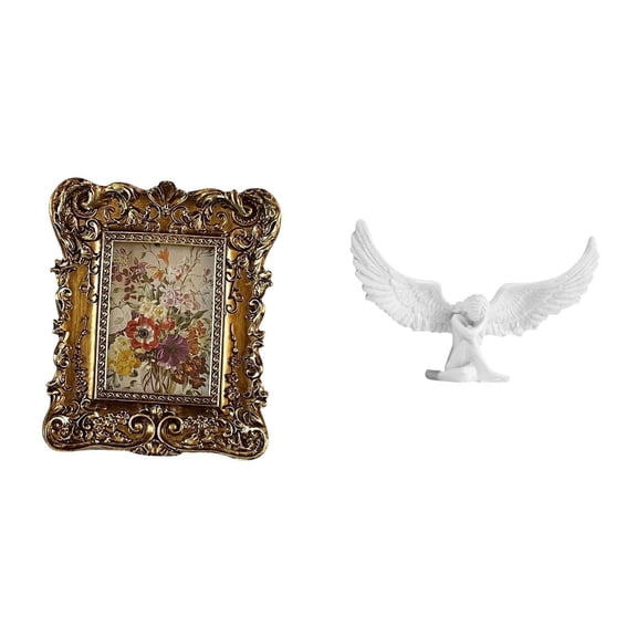 CarpNettore Hand Carved Floral Angel Photo Frame Wing Resin Figurine Picture Holder Tabletop Wall Mounted Antique Sculpture for Office Dorm Home Decor Wedding Gift Housewarming Bookshelf