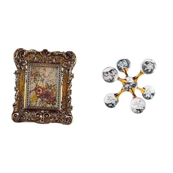 CarpNettore Hand Carved Floral Bubble Sphere Photo Frame Figurine Tabletop Ornament Antique Picture Holder Modern Statue Decorative Sculpture for Office Dorm Home