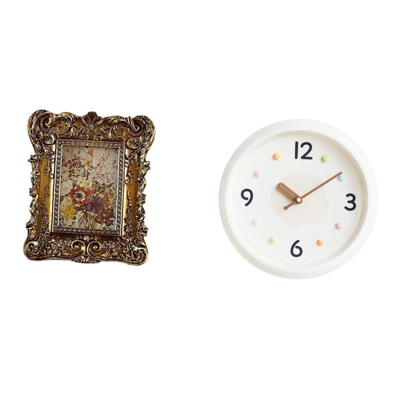 CarpNettore Hand Carved Floral Photo Frame with Modern Wall Clock Design Antique Picture Holder Tabletop Wall Mounted Quiet Large Numerals Decorative Piece for of