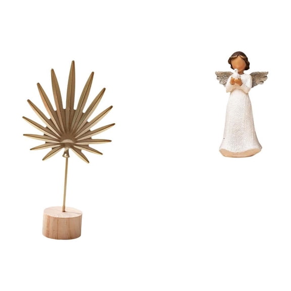 CarpNettore Leaf Sculpture Metal Leaf Statue Angel Figurine Resin Material Creative Ornament Iron Wood Base Decorative Collectible Praying Figure Suitable for Bed