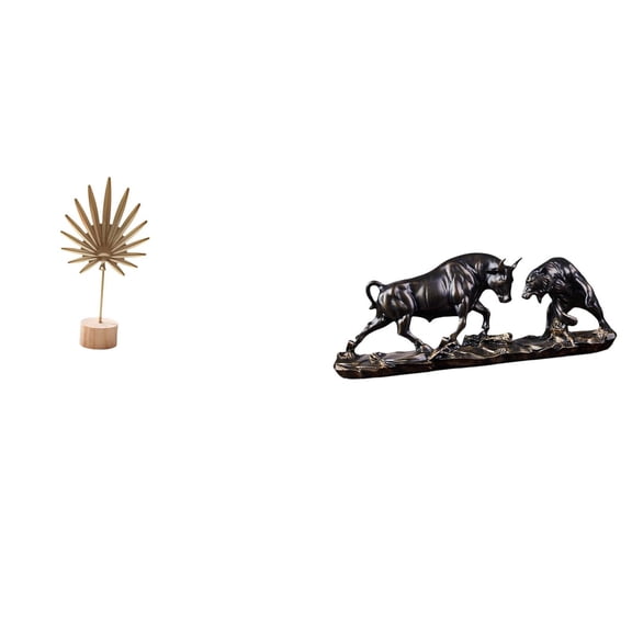 CarpNettore Leaf Sculpture Metal Leaf Statue Animal Figurine Resin Bull Bear Desktop Statue with Iron Wood Base Artistic Decoration Suitable for Bedroom Living Ro