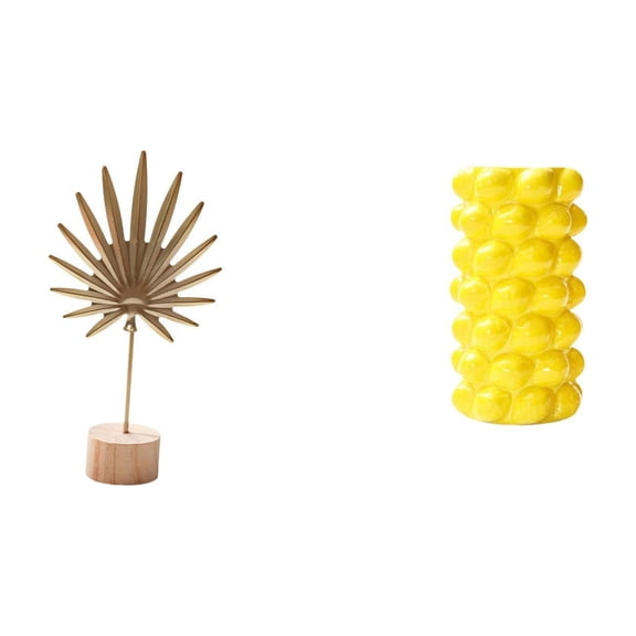 CarpNettore Leaf Sculpture Metal Leaf Statue Flower Vase Porcelain Geometric Vase Creative Iron Material Wood Base Suitable for Home Decoration Office Display Bed