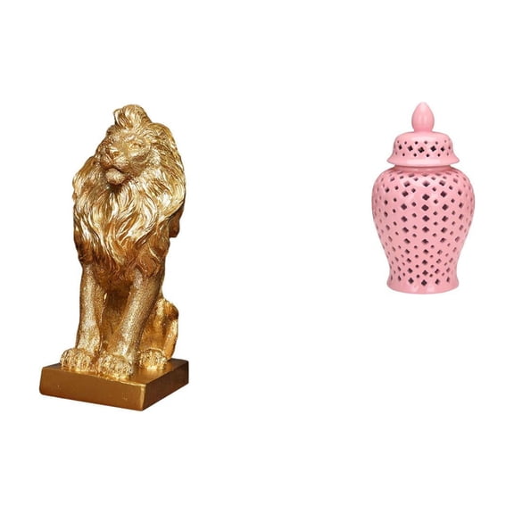 CarpNettore Lion Figurine Ceramic Ginger Jar Decorative Vase Porcelain Storage Jar with Lid Crafted From Resin And Ceramic Suitable for Gift Giving Home Decoratio