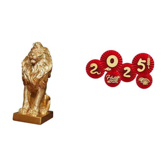 CarpNettore Majestic Lion Art Figurine with Chinese New Year Blessing Ornament Tabletop Sculpture for Office Home Bookshelf Spring Festival Decor