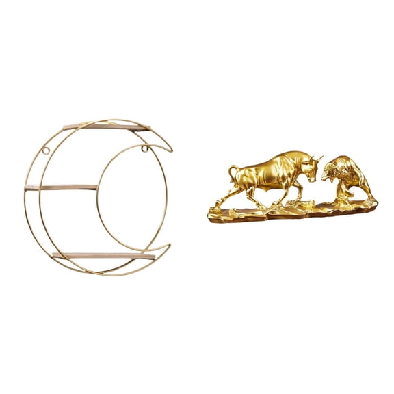 CarpNettore Modern Metal Wall Mounted Shelf Decor with Bull Figurine Feng Shui Bear and Cow Cattle Sculpture Multifunctional Collectibles Display