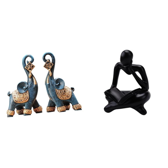 CarpNettore Modern Resin Elephant Figurine Sculpture Ornament and Abstract Thinker Statue Decoration for Desktop Shelf Living Room Office Bookshelf Home Art Craft Collectible Gifts