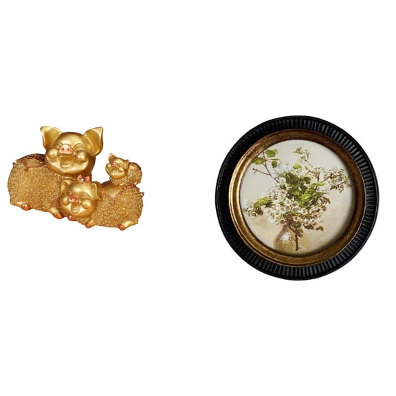 CarpNettore Modern Resin Pig Figurine And European Antique Photo Frame Collectible Animal Statue Embossed Ornate Wall Hanging Display for Bedroom Entrance Shelf C