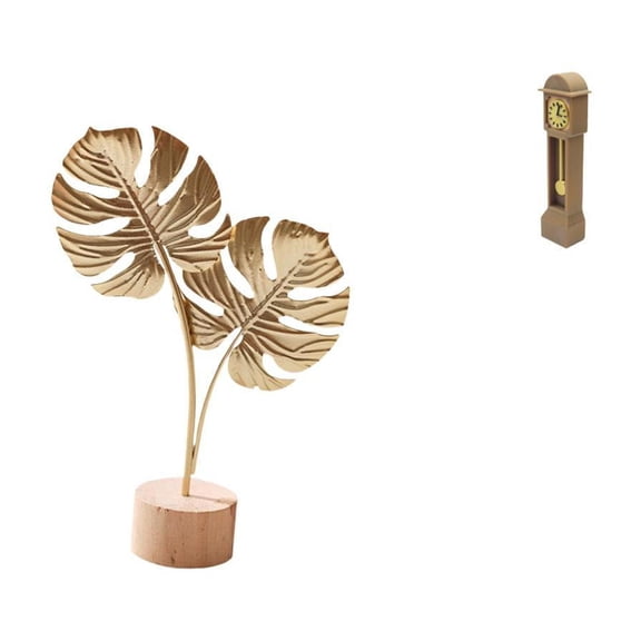 CarpNettore Nordic Abstract Metal Leaf Sculpture Figurine Creative Ornament for Table Party Home with Miniature Grandfather Floor Clock Vintage Classic Living Room Decor Model
