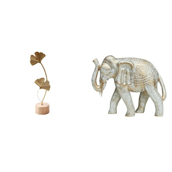 CarpNettore Nordic Creative Metal Leaf Sculpture Abstract Ornament and Rustic Animal Statue Hand Carved Wooden Elephant Figurine for Home Table Party Decor