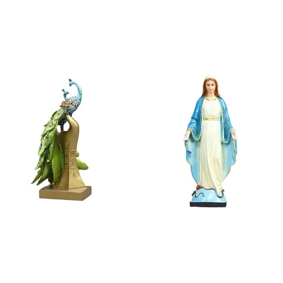 CarpNettore Peacock Statue Animal Sculpture Desktop Ornament Decorative Figurine for Desk Entrance Table Centerpiece Office Birthday Gift Virgin Mary Religious Jesus Crafts Catholic Sculpture