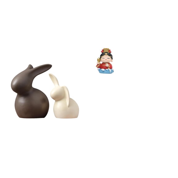 CarpNettore Porcelain Bunny and Mazu Mother Statue Set for TV Stand Cabinet Garden Easter Decorations Collectible Birthday Gift Sculpture Tabletop Ornament for Fireplace Bedroom