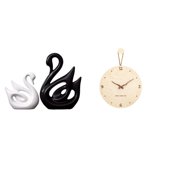 CarpNettore Porcelain Swan Couple Figurines Sculpture and Wood Wall Clock Minimalist Modern Nordic Decorative Ornament for Office Home Bedroom Decor