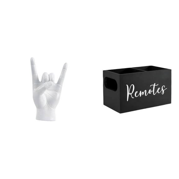 CarpNettore Rock Hand Gesture Sculpture Creative Finger Statue for Apartment Bedroom Restaurant Decor with Retro Wooden Remote Control Holder Organizer for Table NightStand Couch Office