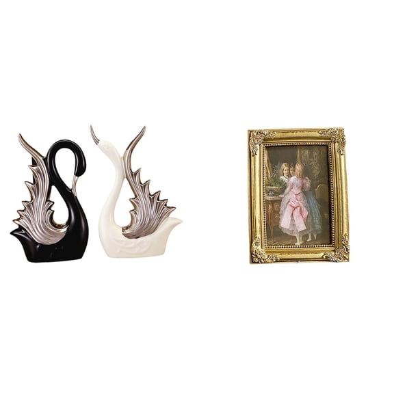 CarpNettore Swan Ceramic Sculpture Figurines with Resin Photo Frame Card Display Holder Glass Front Picture Frame for Desktop Tabletop Shelf Anniversary Fireplace Bedroom Office Farmhouse