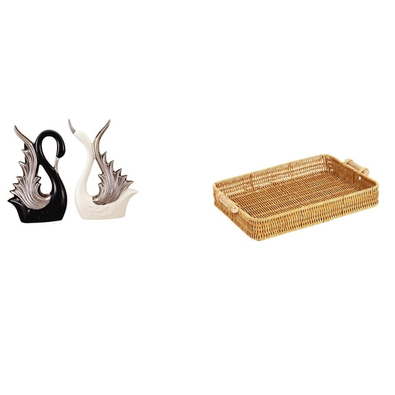 CarpNettore Swan Figurines Ceramic Sculpture and Woven Fruit Basket Desktop Ornament Collection for Shelf Anniversary Fireplace and Snack Serving Bowl Bread Plate