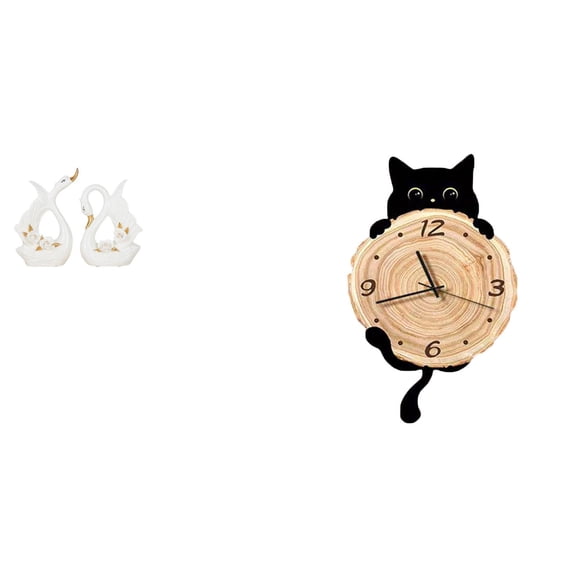 CarpNettore Swan Statues Ceramic Swan Statue Swan Table Sculpture Wall Clock Cat Wall Clock Silent Non Ticking MDF Material Suitable for Bedroom Living Room Study