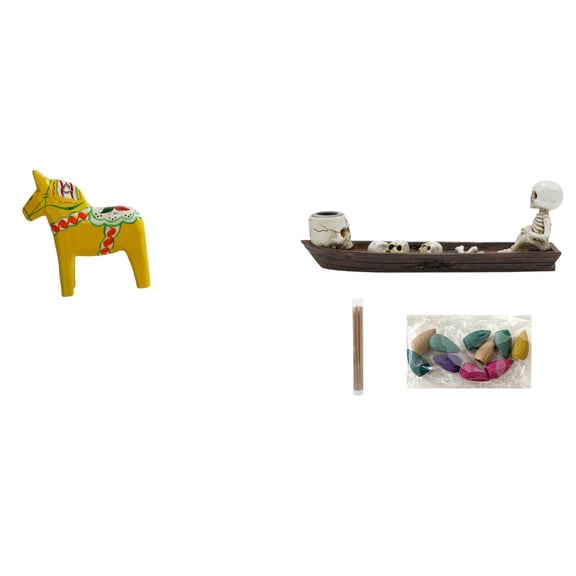 CarpNettore Swedish Dala Horse Skull Ship Ornament Collectible Dalecarlian Figurine Animal Sculpture Incense Burner Tabletop Decoration for Bookshelf Cabinet Home Decor
