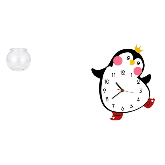 CarpNettore Transparent Small Fish Tank for Small Fish Round Ornament Aquarium Bowl Vase Table Office Home Plants Cartoon Penguin Wooden Wall Clock Decorative Lovely Battery Powered Bedroom