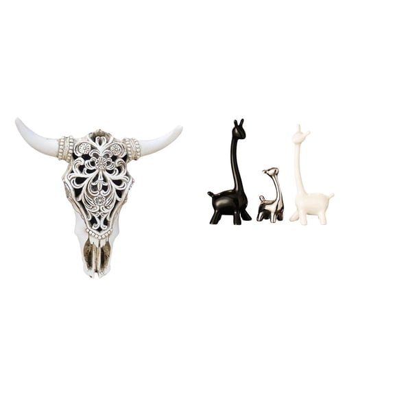 CarpNettore Tribal Bull Head Sculpture and Ceramic Giraffe Statue Wall Hanging Art and Table Centerpiece for Office Farmhouse Bedroom Decor Creative Ornament