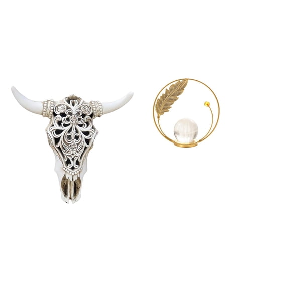 CarpNettore Tribal Bull Head Sculpture Wall Hanging Art and Crystal Ball Metal Figurine Desk Ornament for Office Farmhouse Bedroom Hallway Fireplace Living Room
