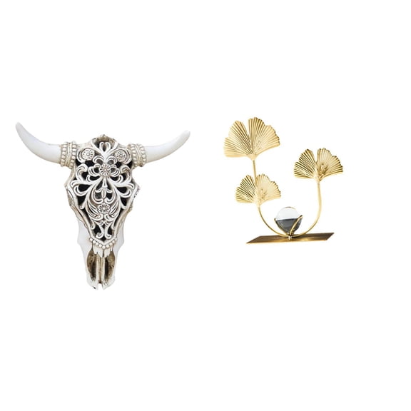 CarpNettore Tribal Bull Head Sculpture Wall Hanging Art with Leaf Statue Bookshelf Ornament for Modern Farmhouse Bedroom Office Holiday Decor Collectibles