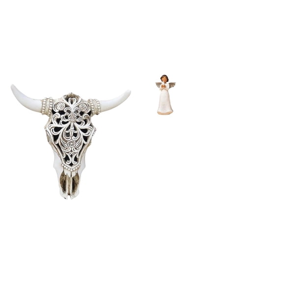 CarpNettore Tribal Bull Head Sculpture and Angel Cherub Resin Figure Wall Hanging Art Decor for Office Farmhouse Bedroom Living Room Gift