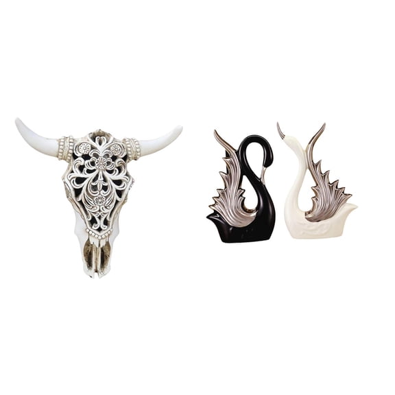 CarpNettore Tribal Bull Head Wall Hanging Art and Ceramic Swan Figurines Sculpture for Farmhouse Bedroom Office Shelf Anniversary Fireplace Decor Collection