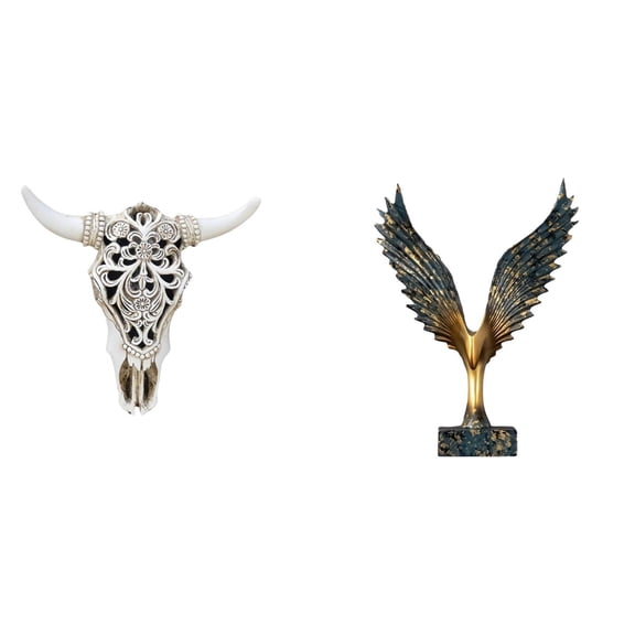 CarpNettore Tribal Bull Head Wall Hanging Art Resin Sculpture Feng Shui Ornament Decorative Spreading Wing Craft for Office Farmhouse Bedroom