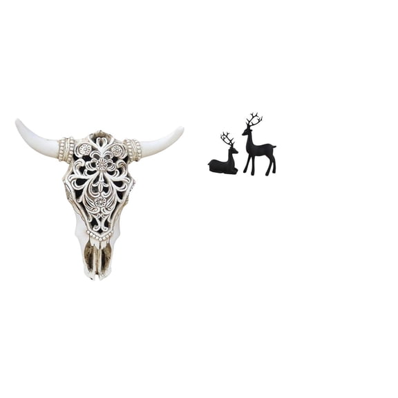 CarpNettore Tribal Bull Head Wall Hanging Art and Black Deer Resin Reindeer Figurine Sculpture for Office Farmhouse Bedroom Living Room Study Decor