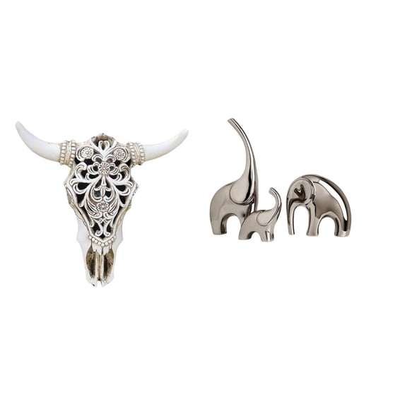 CarpNettore Tribal Bull Head Wall Hanging Art and Ceramic Elephant Family Figurines Sculpture Ornament for Farmhouse Bedroom Office Decor