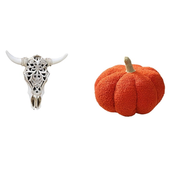 CarpNettore Tribal Bull Head Wall Hanging Art and Halloween Pumpkin Plush Pillow Decorative Sculpture for Farmhouse Bedroom Office Sofa Decor