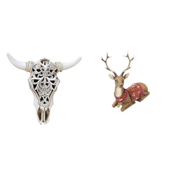 CarpNettore Tribal Bull Head Wall Hanging Art and Reindeer Elk Sculpture Tabletop Ornament for Office Farmhouse Bedroom Living Room Decoration