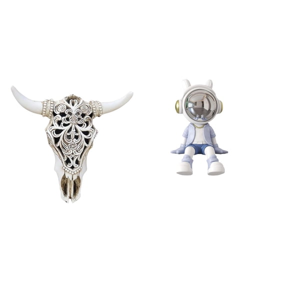 CarpNettore Tribal Bull Head Wall Hanging Sculpture and Astronaut Statue Nordic Decorative Figurine for Office Farmhouse Bedroom Living Room Decor