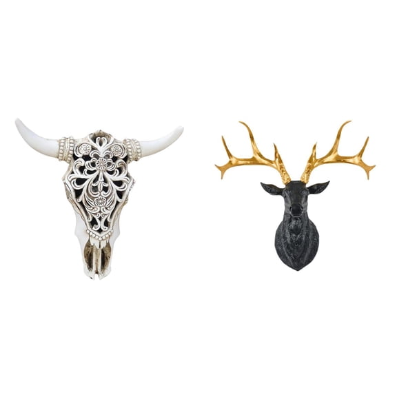 CarpNettore Tribal Bull and Deer Head Wall Hanging Sculpture Ornament for Office Farmhouse Bedroom Boho Artwork Resin Collectible Wall Mount Decor