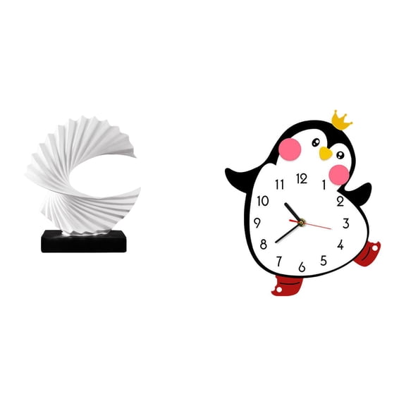 CarpNettore Wave Penguin Resin Wooden Sculpture Figurine Abstract Artwork Lovely Decorative Ornament Battery Powered Multifunctional Home Bedroom Living Room Cloc