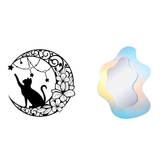 CarpNettore Wavy Metal Cat Wall Art Sculpture Modern Black Cat Moon Decor Acrylic Mirror for Bathroom Wall Cat Lover Gifts Decorative Wall Decor