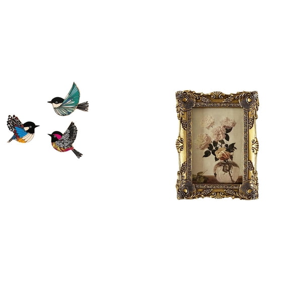 CarpNettore Wooden Bird Wall Art and Ornate Picture Frame Vintage Resin Decorative Photo Display Frame Ornament for Garden Study Room Farmhouse Tabletop Hallway Wedding Decoration