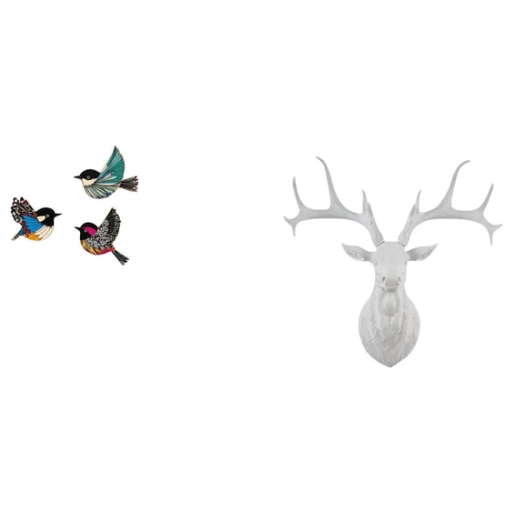 CarpNettore Wooden Bird and Deer Head Wall Art Sculpture Set for Garden Study Room Farmhouse Office Home Boho Artwork Wall Hanging Decor Collection