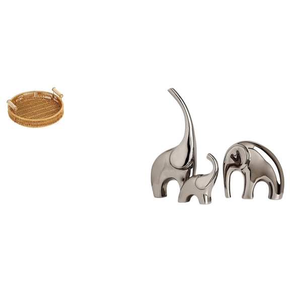 CarpNettore Woven Fruit Baskets and Ceramic Elephant Figurines as Decorative Snack Serving Bowls and Animal Sculpture Ornaments for Home Desktop and Shelf
