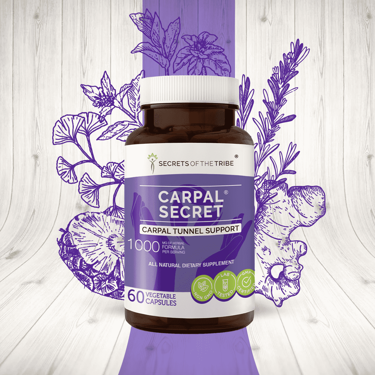 Secrets of the Tribe Carpal Secret Capsules Dietary Supplement, Natural Herb Blend, Made from Bromelain, Pineapple, Turmeric, Ginkgo, Peppermint, Thyme, Basil 60 Count